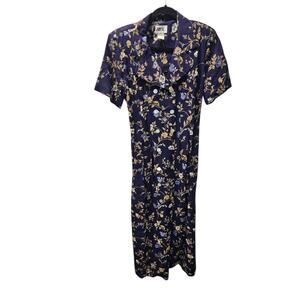 Vintage 1990s Black Floral Chiffon Bias Cut Maxi Size 10 Fairy Boho Button-Up